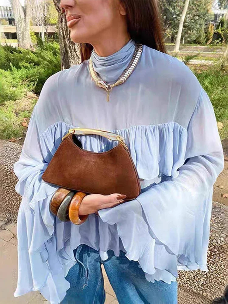 Cralom Chiffon Ruffle Shirt: Flare Sleeve Solid Blouse 2025 Spring Summer Streetwear