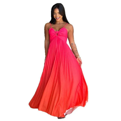 Cralom Women's Gradient Color Long Skirt with Strap, Sweet & Fresh A-line Dress