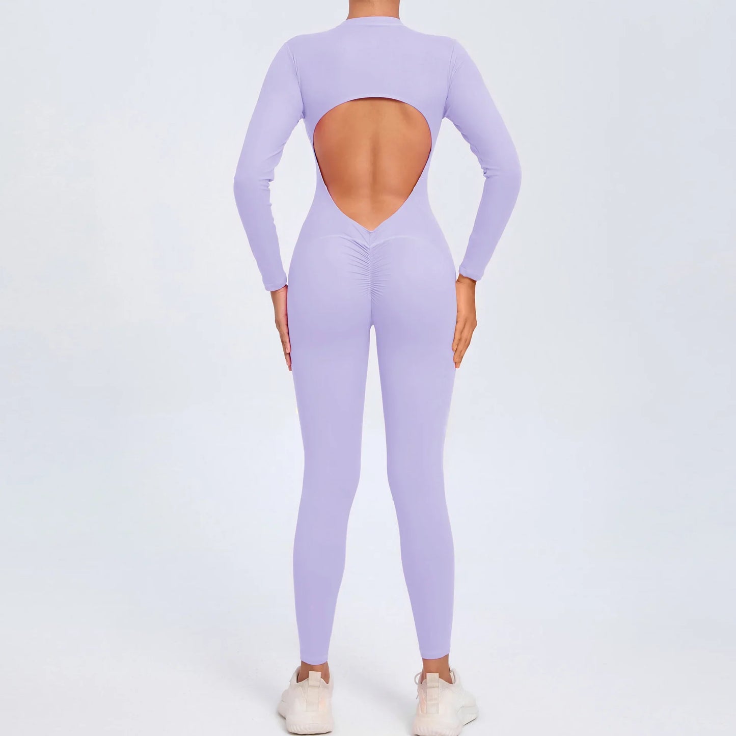 Cralom Seamless Long Sleeve Yoga Bodysuit with Back Cutout & Zipper