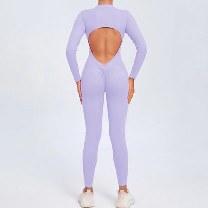 Cralom Seamless Long Sleeve Yoga Bodysuit with Back Cutout & Zipper
