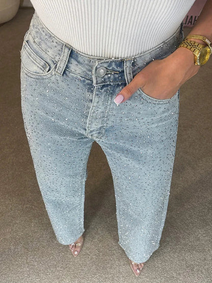 Cralom High Waist Rhinestone Straight Jeans | Streetwear Fashion Women's Denim