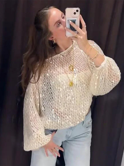 Cralom Sequin Knit Blouse: Women's Long Sleeve Pullover Top, Chic Vacation Style