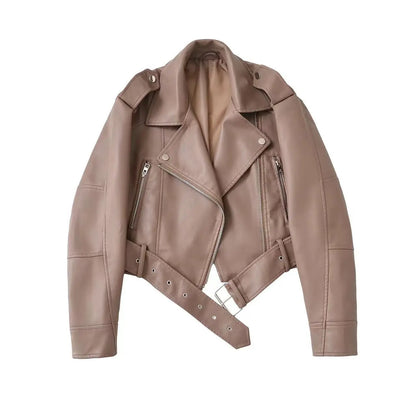 Cralom Faux Leather Biker Jacket with Belt & Zipper for Autumn Women