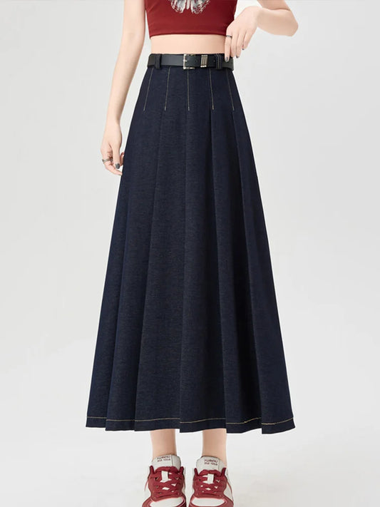 Cralom High Waist Denim Pleated A-Line Skirt | Korean Style Spring Summer Fashion