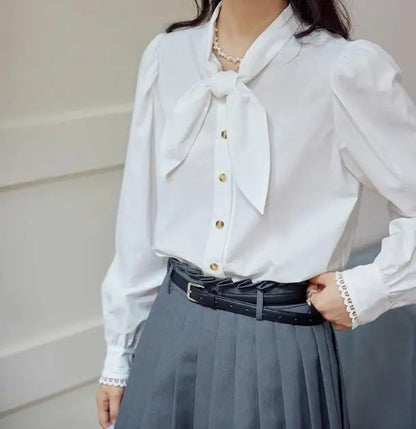 Cralom Bow Tie Blouse - Long Sleeve Preppy Style Solid Color