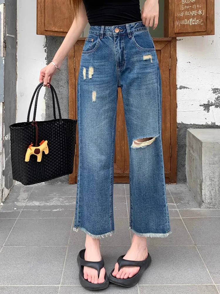 Cralom Vintage Washed Blue High Waist Loose Straight Jeans