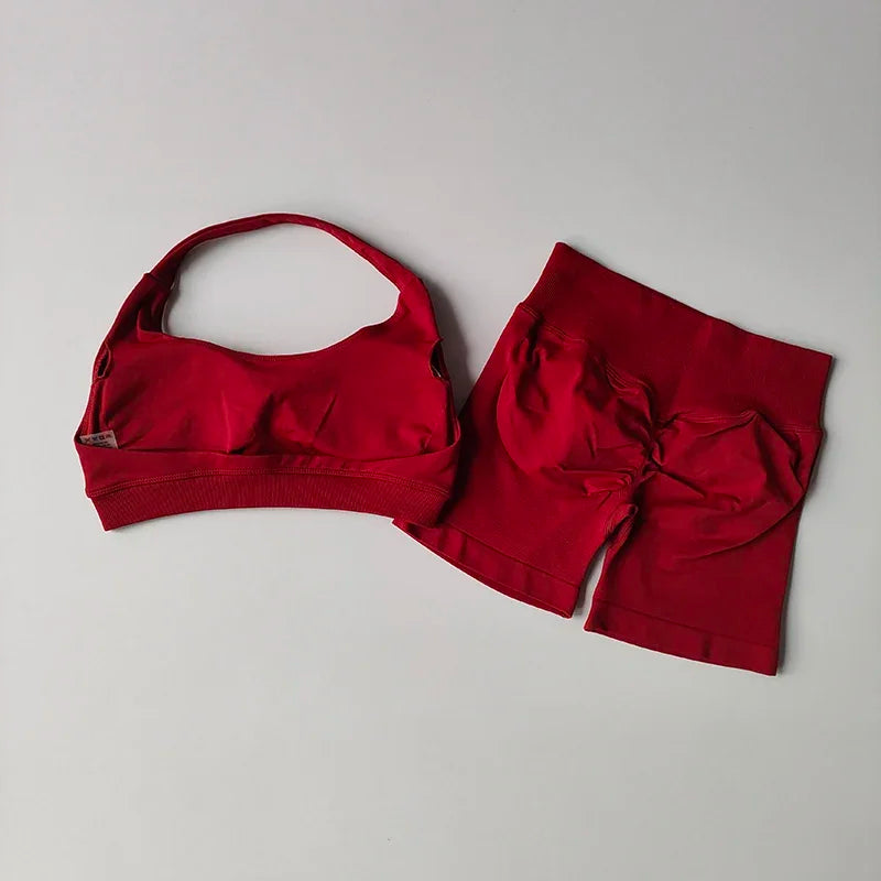 Cralom Seamless Impact Halter Yoga Bra Set with Scrunch But Gym Legging