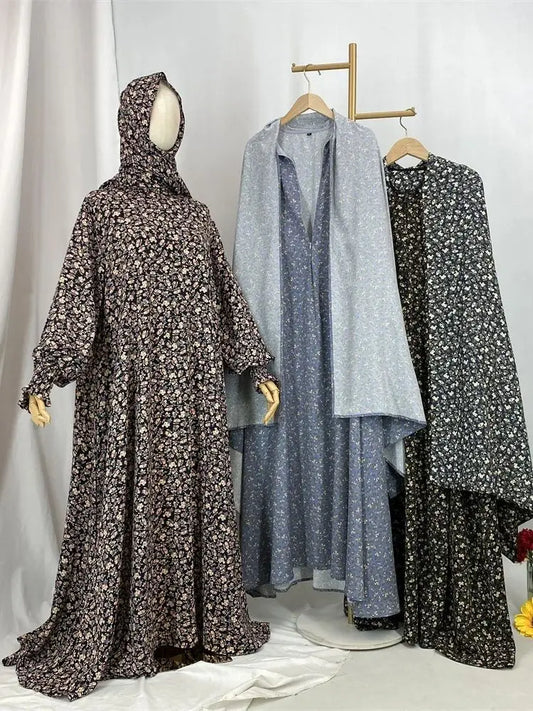 Ramadan Floral Print Abaya Hooded Kaftan by Cralom: Elegant Muslim Dress for Women