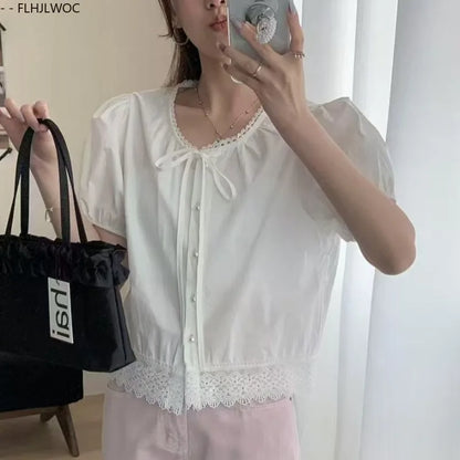 Cralom Lace Peplum Top - Short Sleeve Ruffles Hollow Out White Shirt