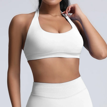 Cralom Yoga Halter Sports Bra Open Back Padded Crop Top Gym Fitness Running Top