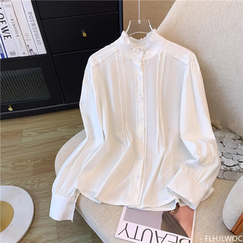 Cralom Retro Lace Button Blouse Women's Long Sleeve Stand Collar Top