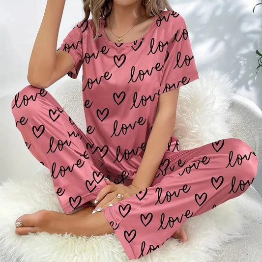 Cralom Dark Pink Letter Printed Pyjamas Set with Eye Mask