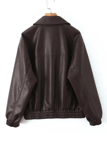 Cralom Retro Loose Faux Leather Jacket - Women's Moto Zip Coat