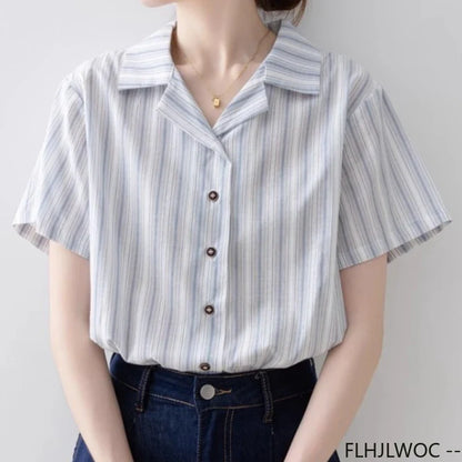 Cralom 2025 Summer Striped Button Blouse - Short Sleeve Casual Retro Top for Women