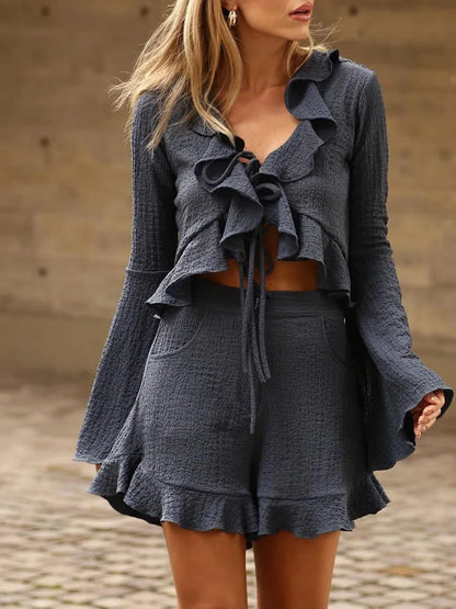 Cralom Lace Up Flare Sleeve Top & Short Set: Vintage Streetwear Style