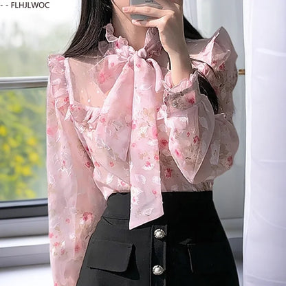 Cralom Ruffled Stand Collar Blouse 2025 Y2K Summer Chic Japan Cute Bow Tie Tops