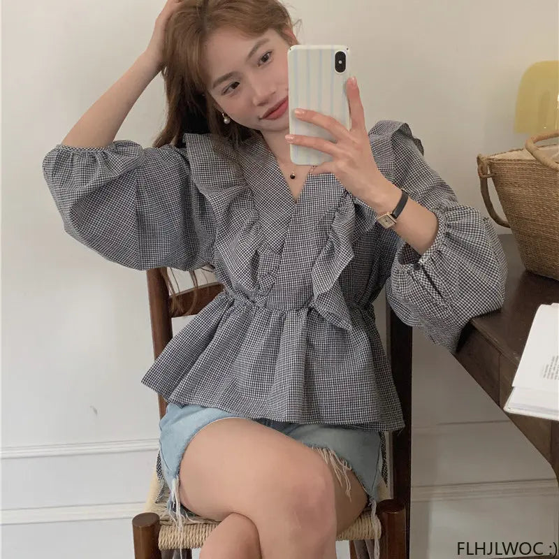 Cralom 2023 Ruffled Plaid Peplum Baby Shirt for Women