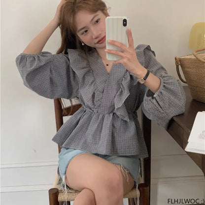 Cralom 2023 Ruffled Plaid Peplum Baby Shirt for Women