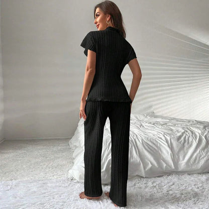 Cralom Women's Elegant Pajama Set Short Sleeve V-Neck Top & Pant Comfortable Loungewear