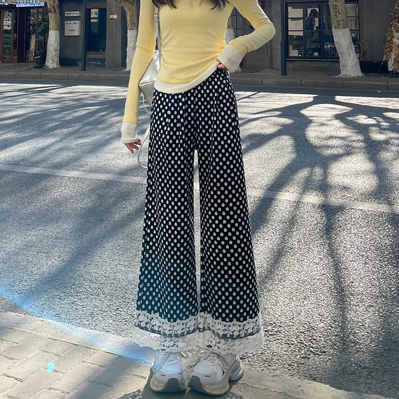 Cralom High Waist Lace Spliced Wide Leg Pants