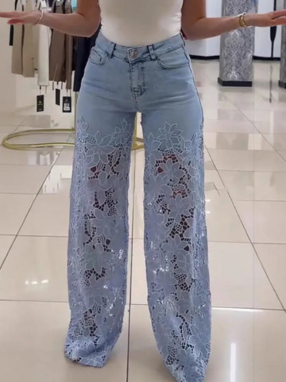 Cralom Streetwear Washed Blue Lace Spliced Jeans Wide Leg Pants