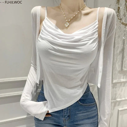 Cralom Y2K Bodycon Two-Piece Set Tops, Sexy Slim Fit Blouses, New Style Korean Tees