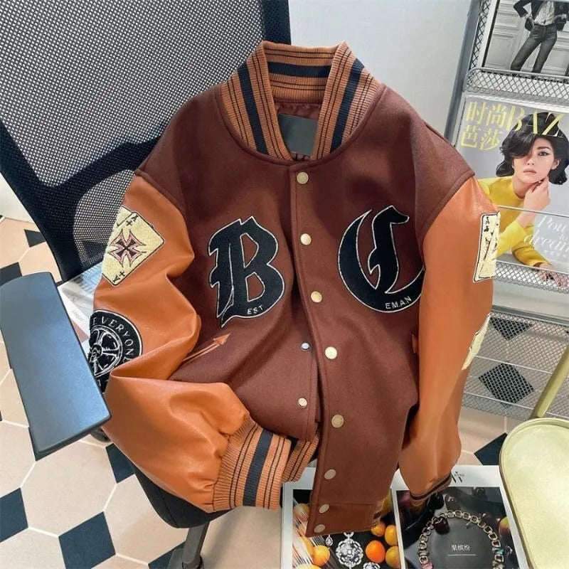 Cralom Flocking Splice Jacket: Y2K High Street Fashion Hip-hop Loose Tooling Uniform