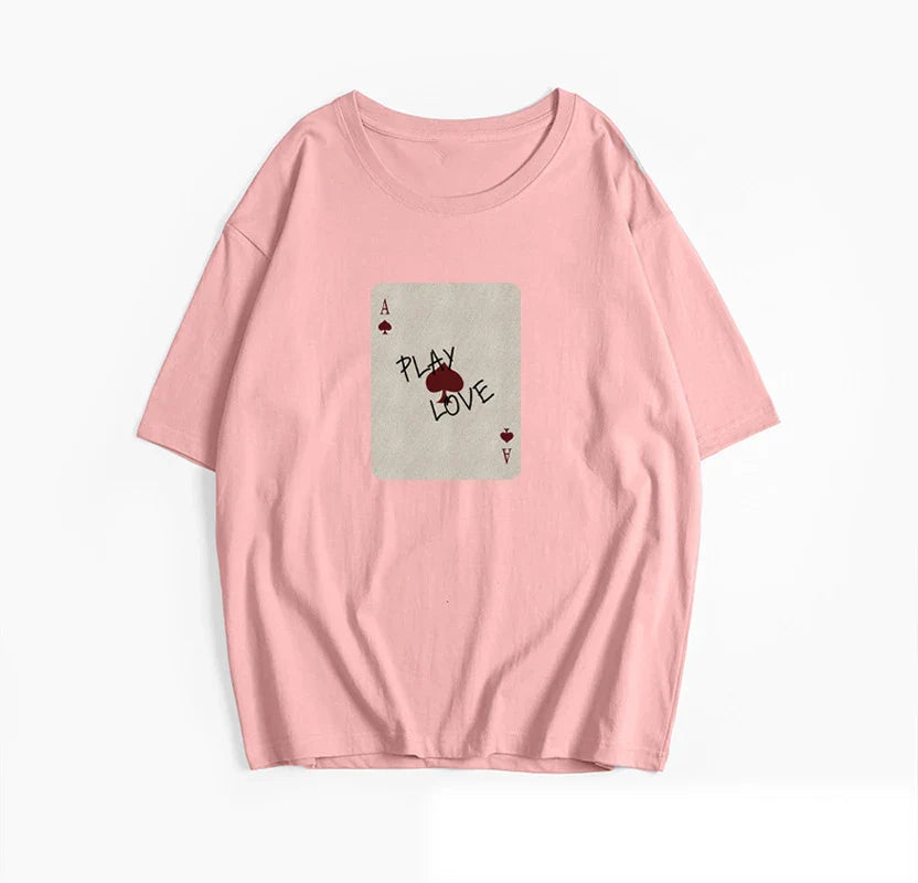 Cralom Poker Card Print T-Shirt Women's O-Neck Summer Top