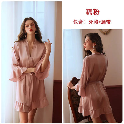 Cralom Sexy Silk Pajama Set: Stylish Lotus Leaf Cuff Robe & Nightgown Combo