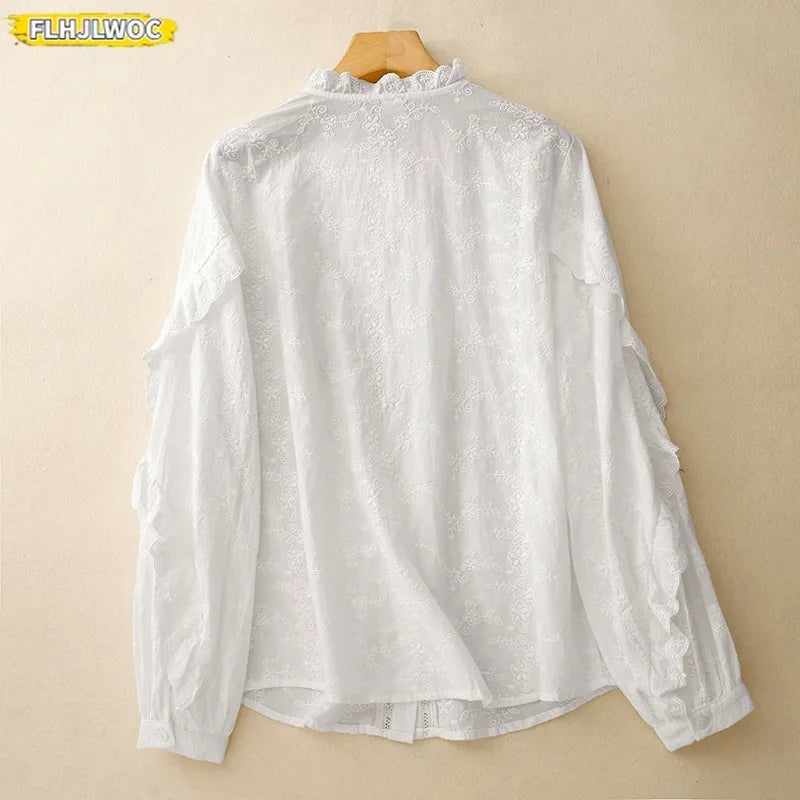 Cralom Embroidery Tops: 2025 New Sweet Long Sleeve Women's Cotton Shirt