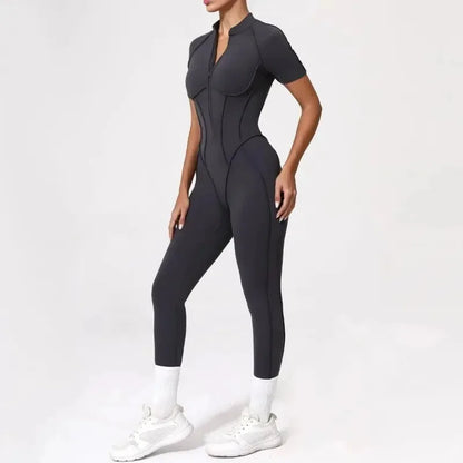 Cralom Seamless Front-Zip Short Sleeve Sports Jumpsuit