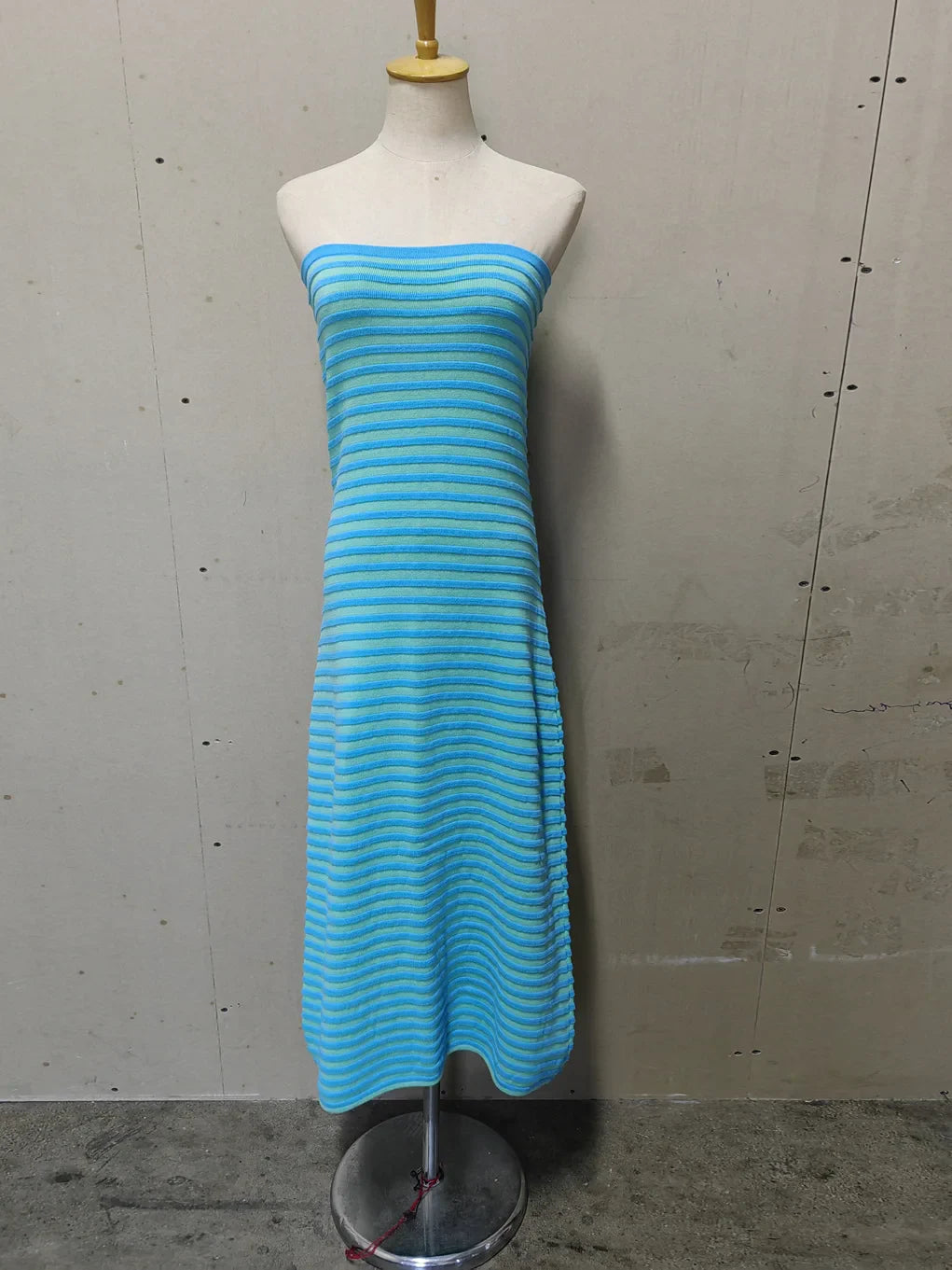 Cralom Knitted Striped Strapless Long Dress - Slim Fit, Hip Hugging Cotton Wool Woven