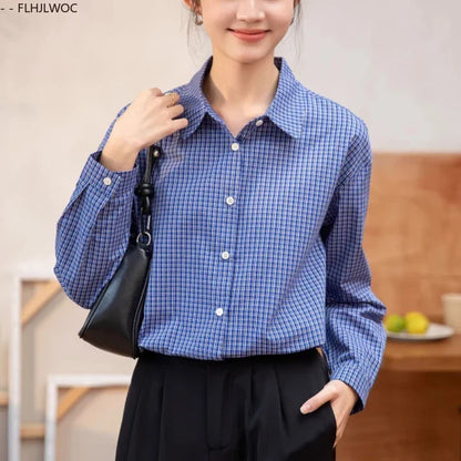 Cralom 2025 Long Sleeve Blue Plaid Shirt Button Detail Loose Fit