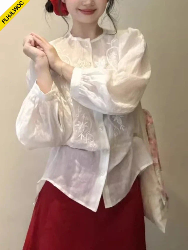 Cralom Embroidered Mesh Sheer Blouse - Women's Stylish Transparent Top