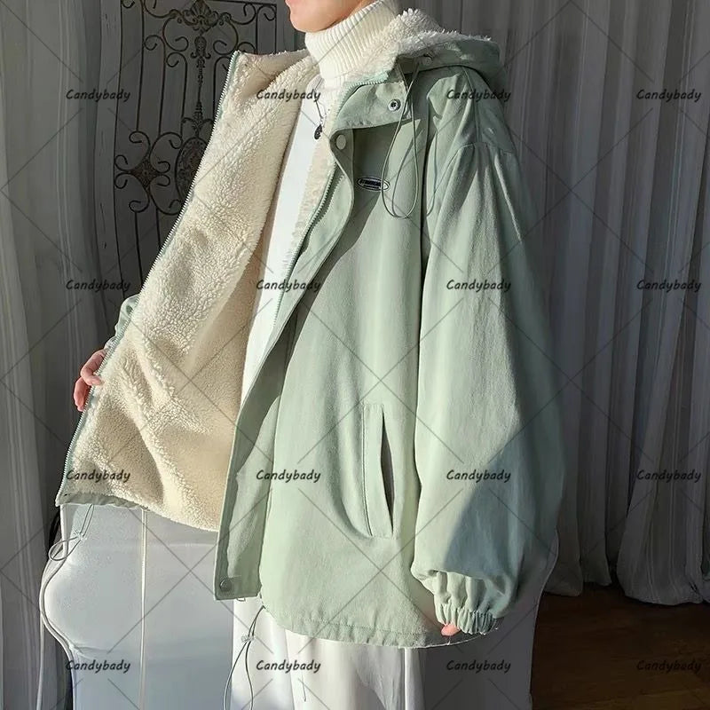 Cralom Men's Y2K Style Lambswool Coat - Retro Street Fashion & Thick Tooling Cotton Jacket