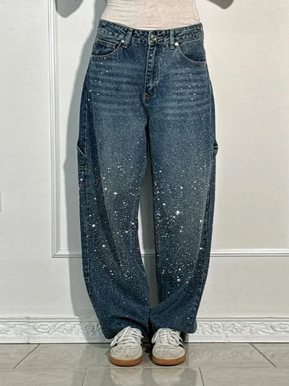 Cralom Rhinestone Wide Leg Vintage Jeans Women Y2K Korean Fashion Straight High Waist