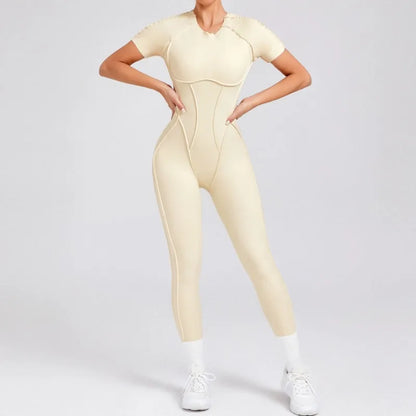 Cralom Seamless Backless Yoga Bodysuit - Short Sleeve Long Pants