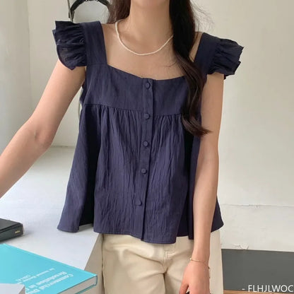 Cralom Ruffled Blouse: Retro Chic Single-Breasted Shirt for Girls