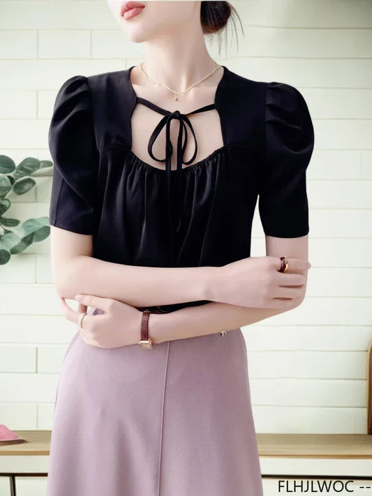 Square Neck Black Bow Tie Top - Cralom Women's Blouse