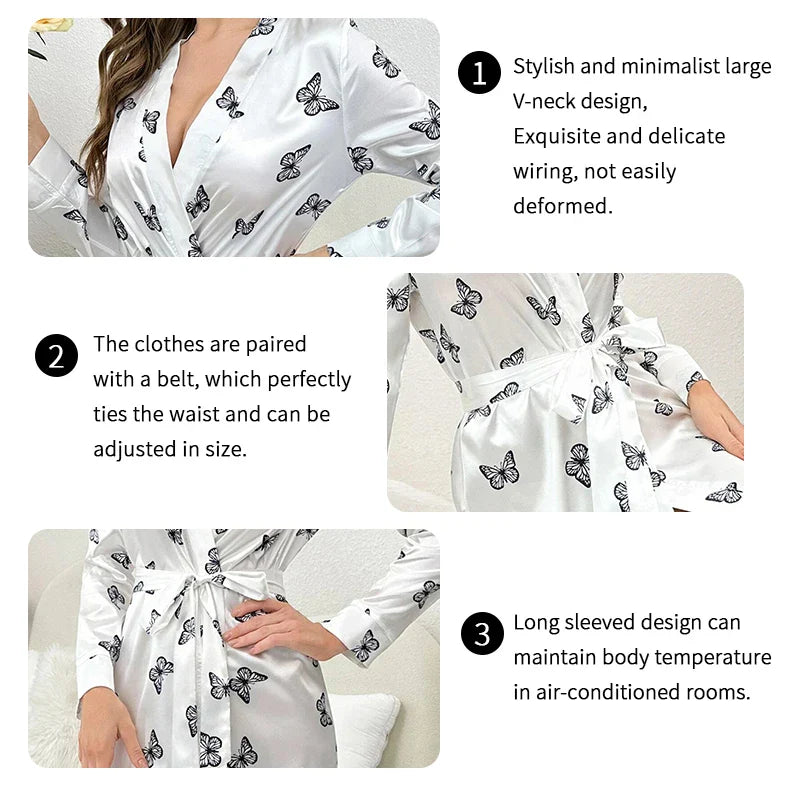 Cralom Satin Kimono Robe Nightdress Sleepwear V-Neck Long Sleeve Nightie Pyjamas