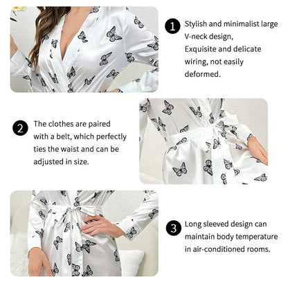 Cralom Satin Kimono Robe Nightdress Sleepwear V-Neck Long Sleeve Nightie Pyjamas