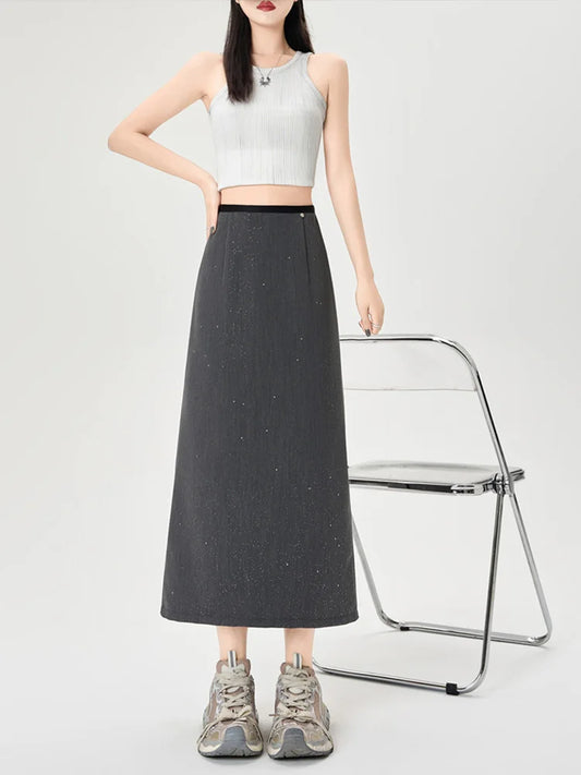 Cralom Elegant Sequins Suit Skirt- High Waist Slim A Line Midi Skirt