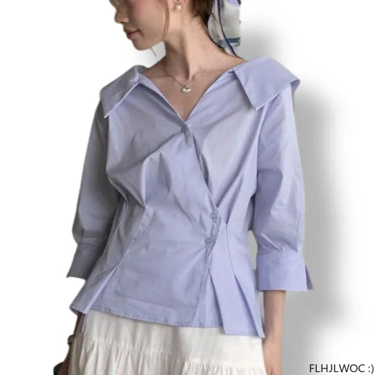 Cralom Blue Cotton Peplum Office Blouse French Style V-Neck Button-Up