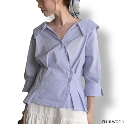 Cralom Blue Cotton Peplum Office Blouse French Style V-Neck Button-Up