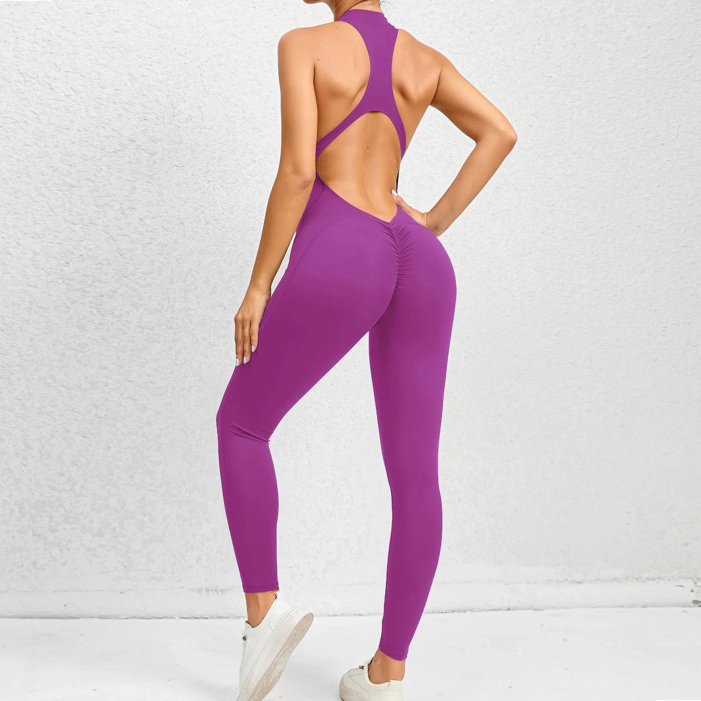 Cralom Seamless Zip Front Yoga Jumpsuit - Booty Ruched - Workout Bodysuit