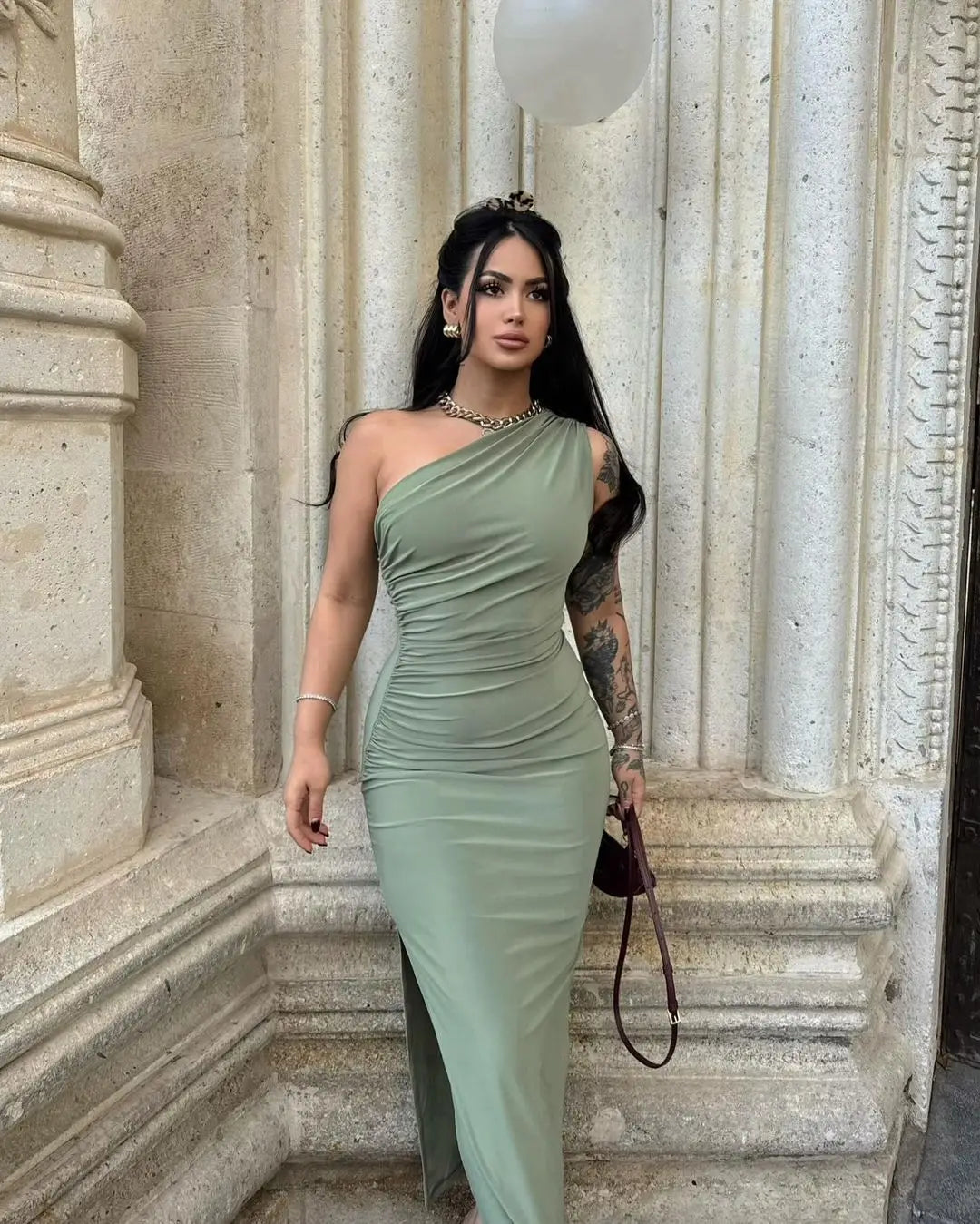 Cralom Summer Solid Color Shoulder Slit Dress