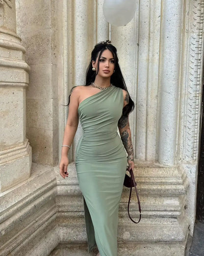 Cralom Summer Solid Color Shoulder Slit Dress