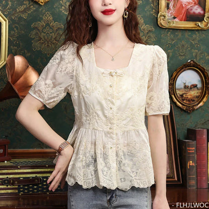 Cralom Embroidered Peplum Button Blouse | Women's Vintage Chic Slim Shirt
