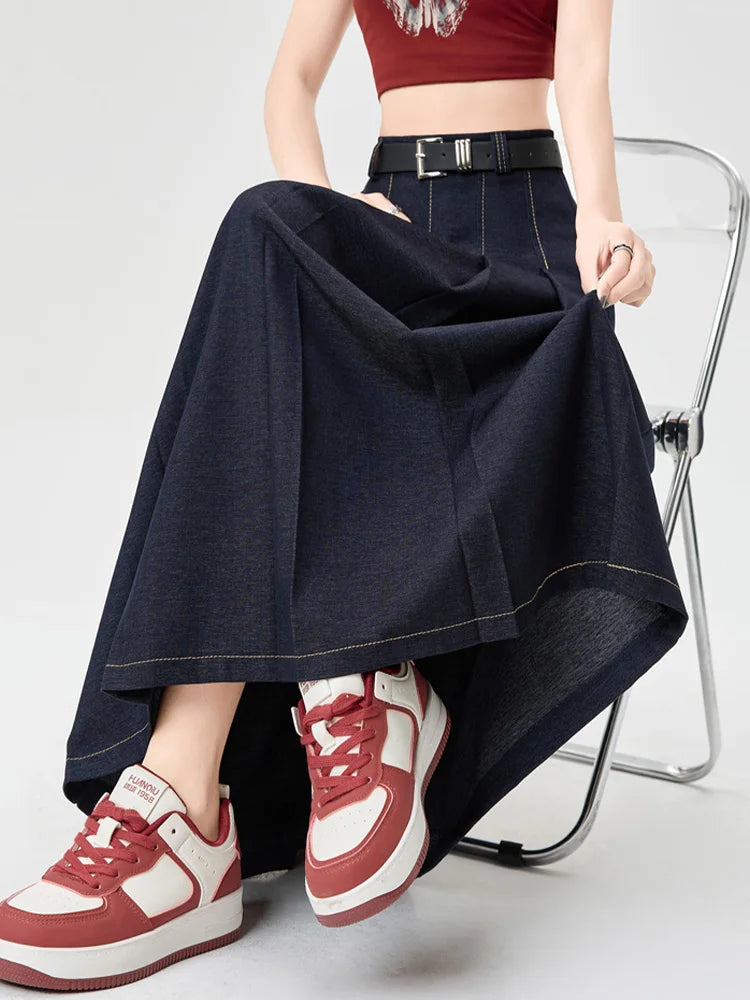 Cralom High Waist Denim Pleated A-Line Skirt | Korean Style Spring Summer Fashion