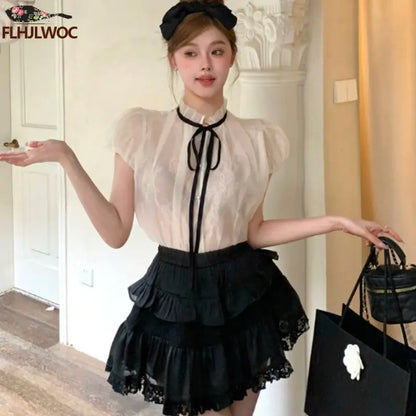 Cralom Elegant Bow Tie Blouse - Short Sleeve Office Wear for Women